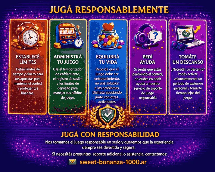 Banner de juego responsable para Sweet Bonanza 1000 con consejos sobre límites, administración del juego, equilibrio personal, ayuda, descansos y contacto en sweet-bonanza-1000.ar.