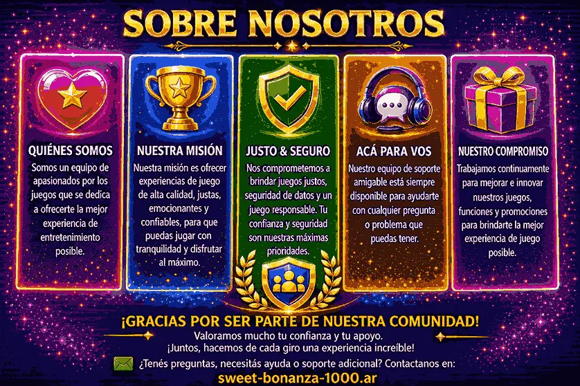 Banner “Sobre Nosotros” de Sweet Bonanza 1000 con íconos coloridos de gaming, información sobre quiénes somos, misión, juego justo y seguro, soporte, compromiso con la comunidad y contacto en sweet-bonanza-1000.ar